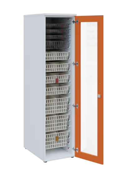 EUROMEDICA S - 46 skříň léková boxová, 1-dveřová/prosklená, pravá, 1950x460x735, korpus bílý, dvířka mandarinka